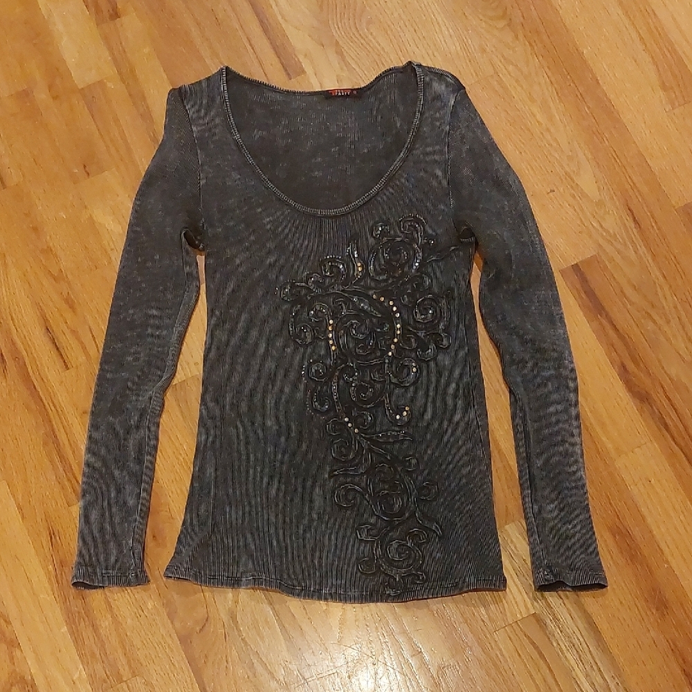 T Party Fashion Black Ribbed Sequin Long Sleeve Blouse